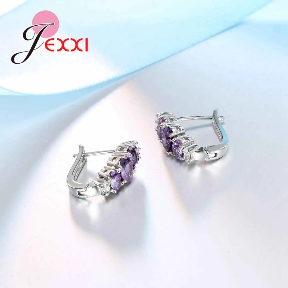Серьги-кольца из чистого 925 пробы серебра с фиолетовым кубическим цирконием