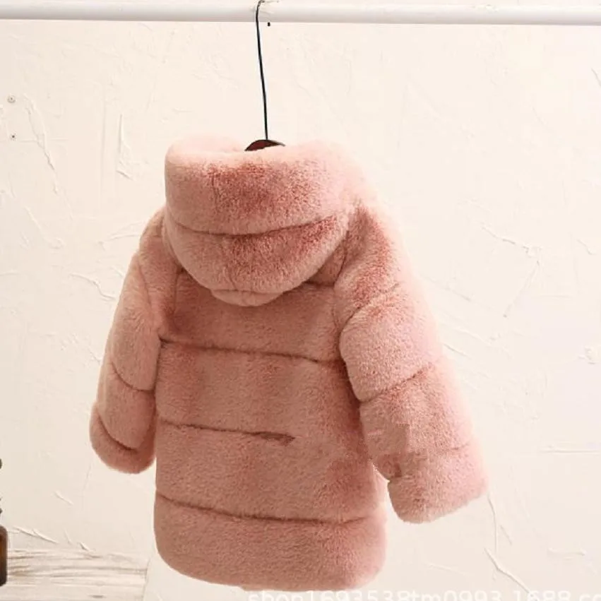 2-8 year Children's Faux Fur Coat Imitation Rex Rabbit Fur Girls Thicker kids Clothing Baby Winter warm Hooded Overcoat Y13