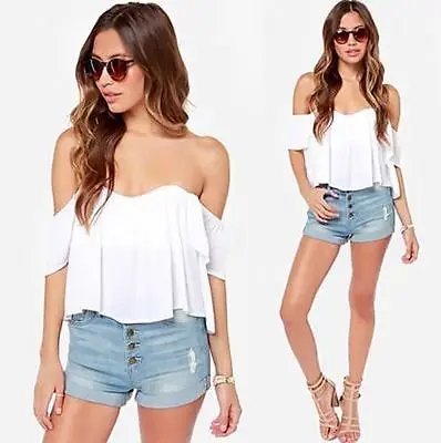 Women Sexy White Black Lace Off-shoulder Loose Top Ruffled Blouse Casual |