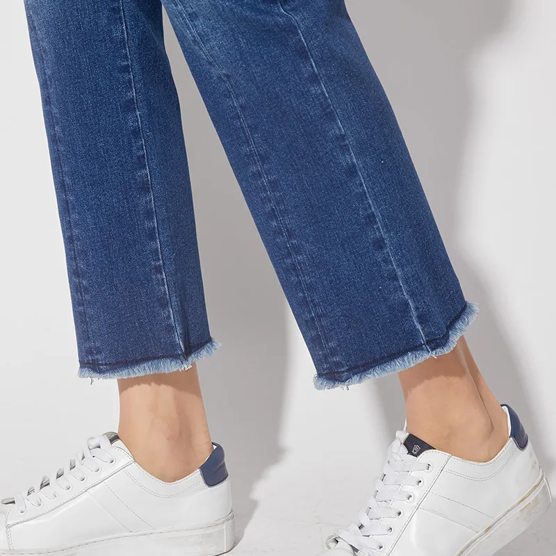 LEIJIJEANS New Autumn Tassel Medium Blue Color High Waist Ankle Length Plus Size L Bleached Slim Straight Jeans Women Denim 7164 | Женская