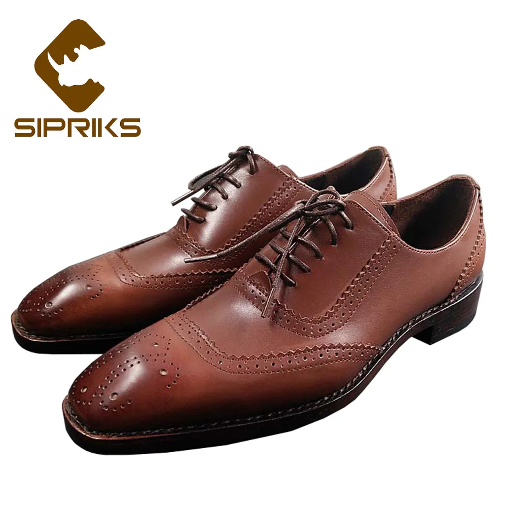 

Sipriks Luxury Mens Retro Calf Leather Brown Brogue Oxfords Shoes Italy Handmade Goodyear Welted Dress Shoes Vintage Black Gents