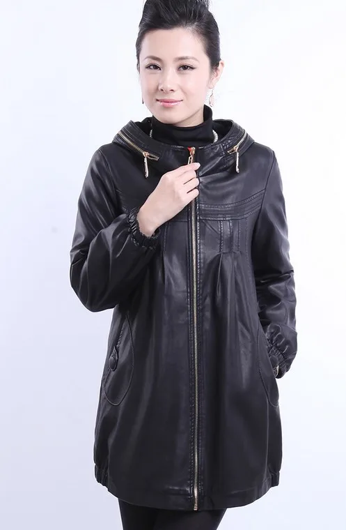 black Женская кожаная куртка больших размеров 5XL, осень и зима, кожаная длинная одежда с капюшоном, хлопковые кожаные женские черные куртки - Цвет: black
