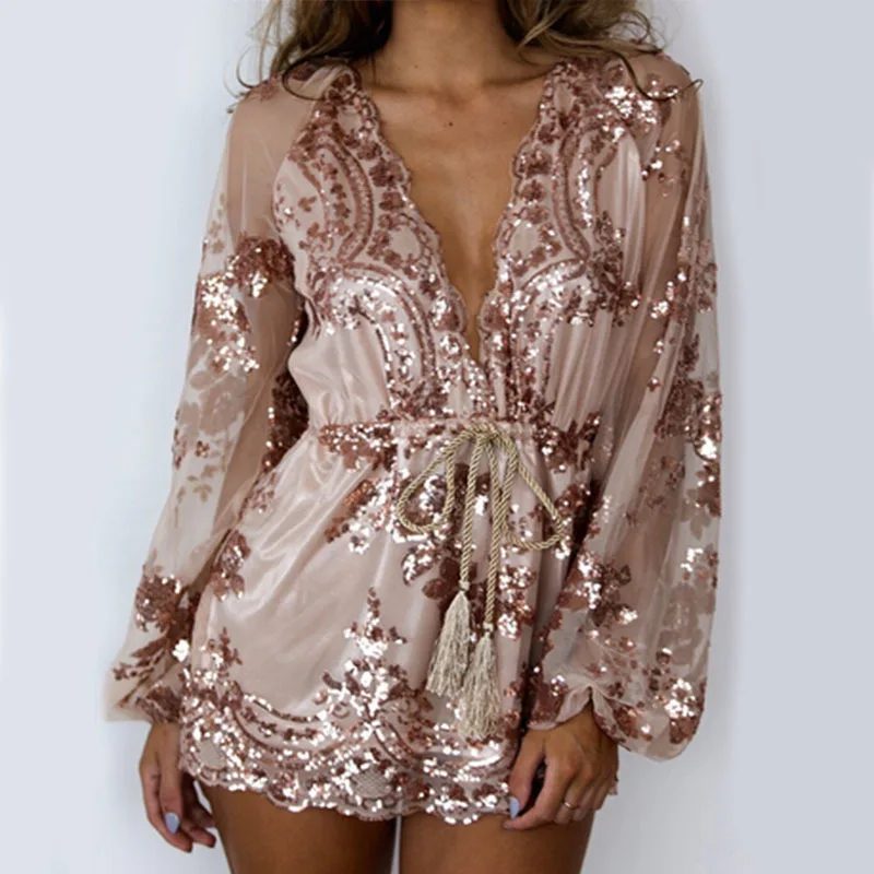 2017 летний женский комбинезон с блестками глубокий v-образный вырез повседневный