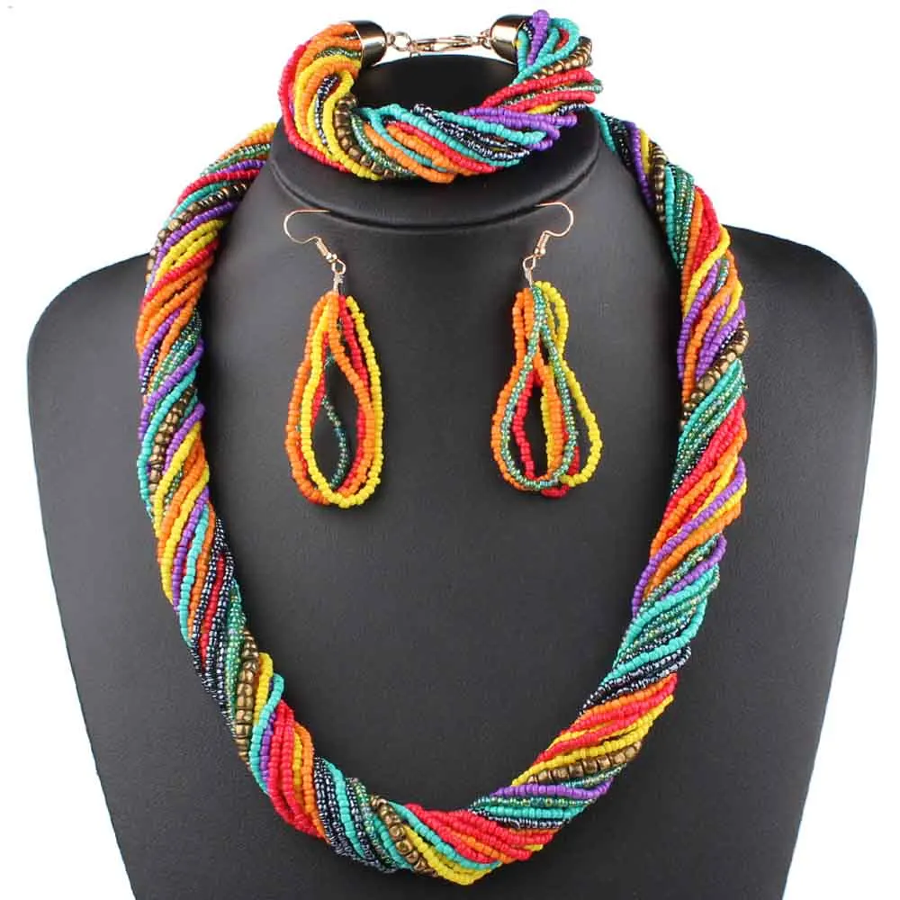 Multi colors Клэр Цзинь многослойное ожерелье браслет серьги Этнические Ручной работы маленькие бусины набор украшений для женщин из трех частей богемский тренд - Окраска металла: Multi colors