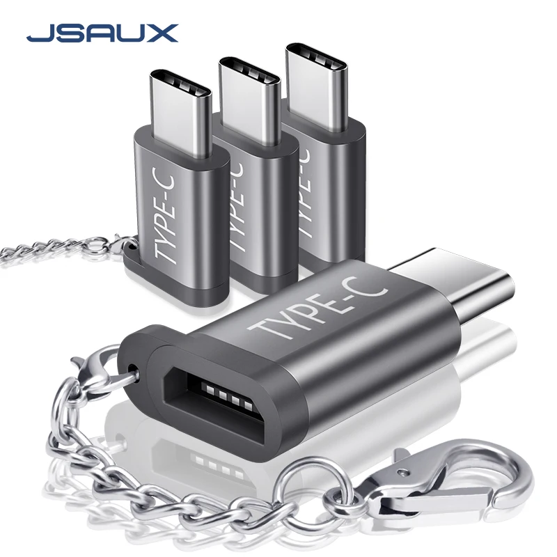 JSAUX usb type-C адаптер, 4-Pack Алюминиевый USB C к Micro USB конвертер разъем с Брелок Зарядное устройство совместимый samsung Galaxy S9