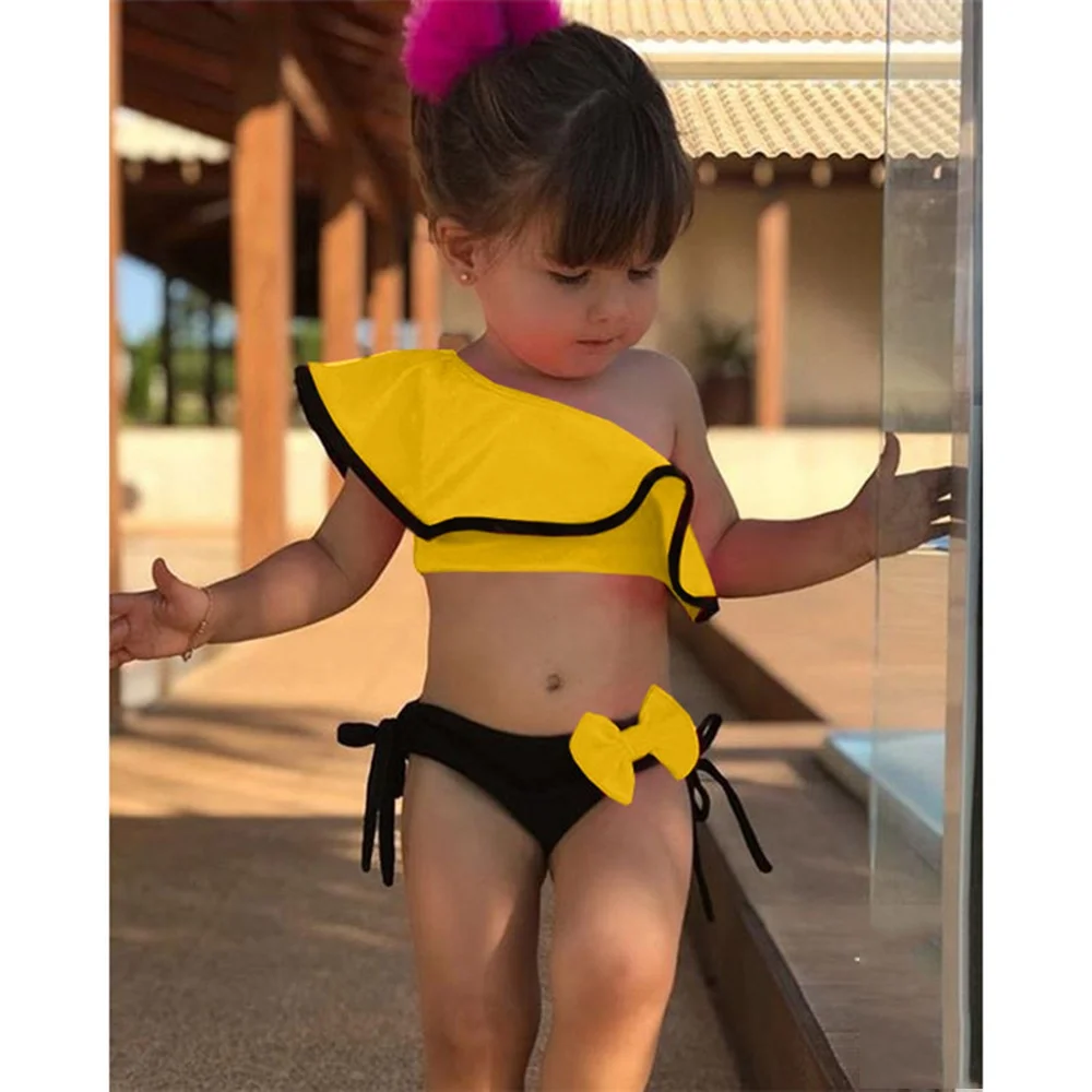Yellow 120cm (5-6Y) Loozykit/комплект из 2 предметов для маленьких девочек с открытыми плечами, комплект бикини с бантом, купальный костюм, купальный костюм пляжный купальный костюм, одежда для От 2 до 8 лет - Цвет: Yellow 120cm (5-6Y)