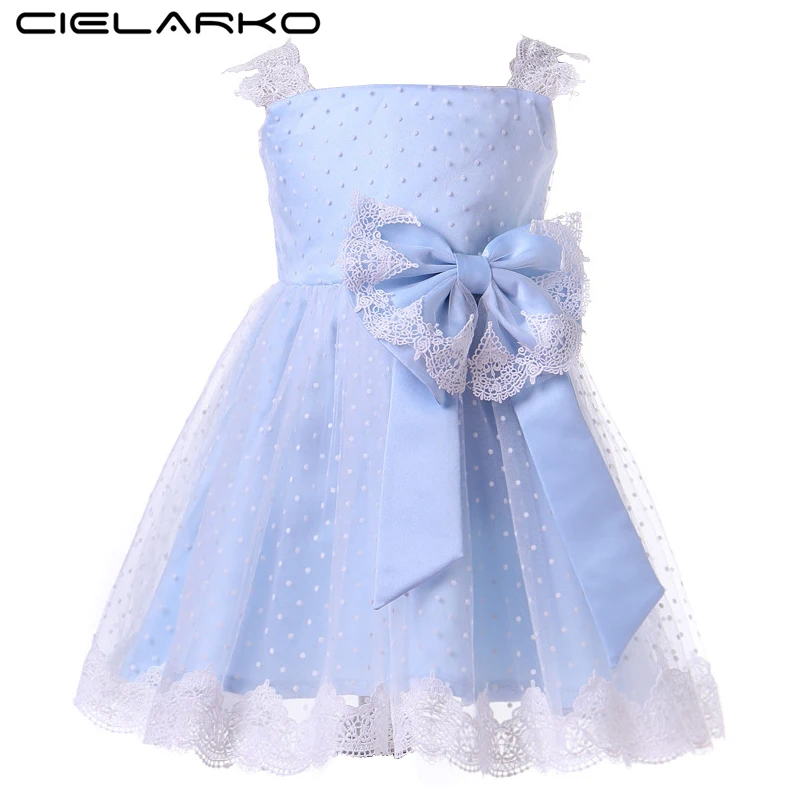 

Cielarko Baby Girls Lace Dress Elegant Tulle Toddler Party Dresses Blue Kids Summer Formal Frocks Bow Polka Dot Clothes for Girl