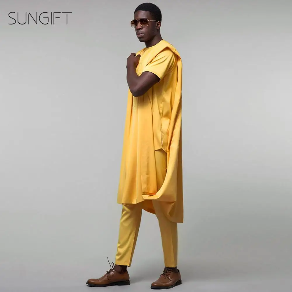 SUNGIFT Мужской Топ Agbada с коротким рукавом и брюки в африканском стиле желтая