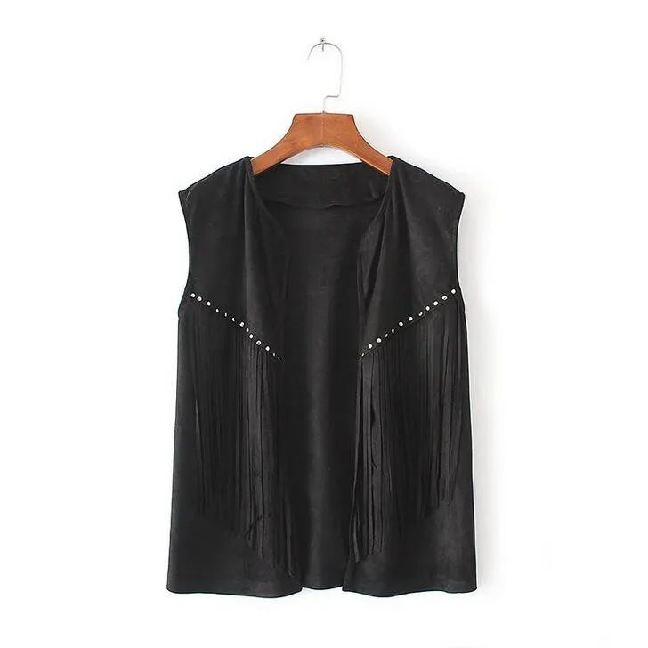 Жилет женский замшевый без рукавов с бахромой и кисточками|women waistcoat|tassel fringe