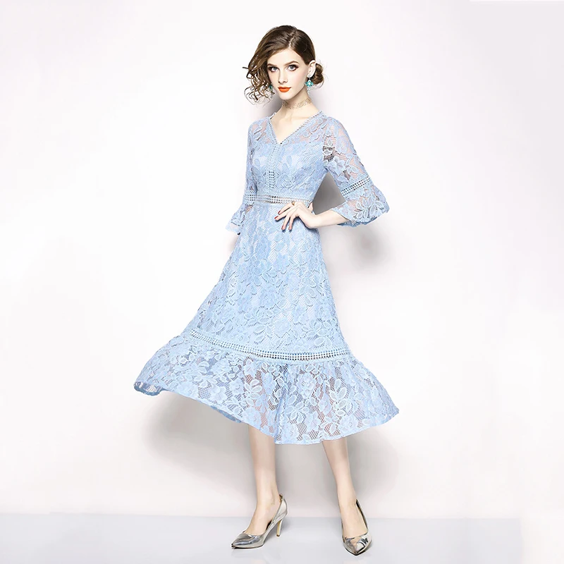 Сезон весна-лето кружевное платье с роговыми рукавами женские вечерние платья |