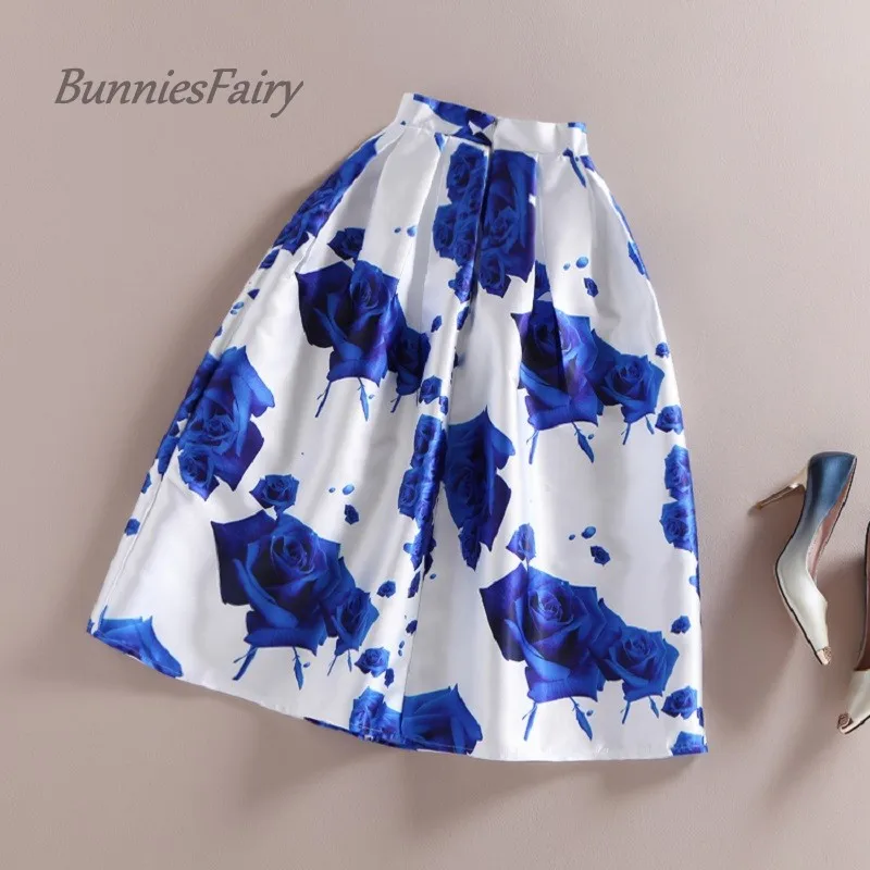 BunniesFairy 50s Винтаж юбки для женщин женские Романтический фантазия синее розовое Цветочный принт миди-юбка с высокой талией плиссированная фатиновая юбка-пачка от Saia Feminina