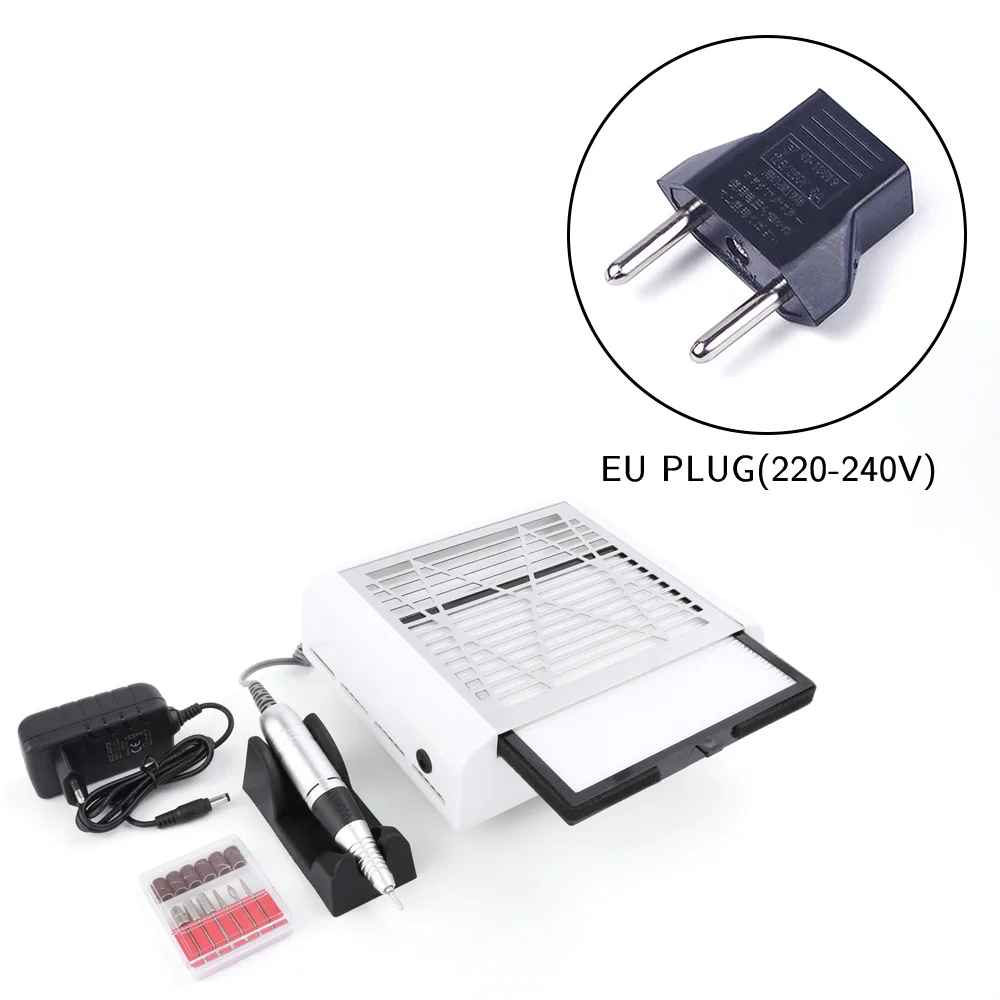 EU Plug 45000 об/мин Электрическая дрель для ногтей, пылеуловитель для ногтей, наконечник, маникюрный аппарат, напильник, набор инструментов для ногтей с сверлами для ногтей, Пыль для ногтей - Цвет: EU Plug