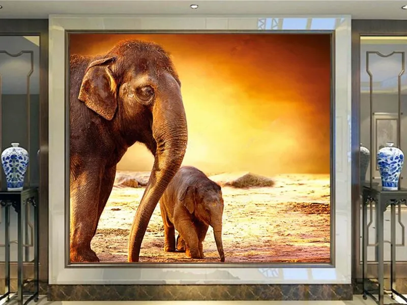 Custom mother elephant and baby under sunset wallpaper papel de parede hotel living room sofa TV wall bedroom mural 3d | Обустройство