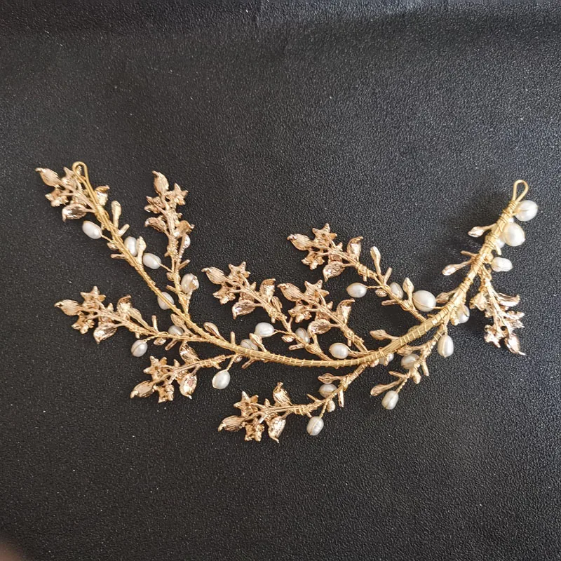 SLBRIDAL Золотые кристаллы стразы пресноводный жемчуг ветка цветок Свадебная Тиара