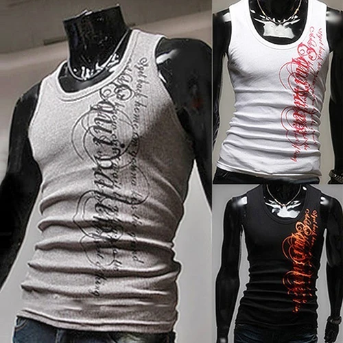 Новых Прибытие Sexy Мужские Slim Fit Письмо Печати О Образным Вырезом Без Рукавов Лето