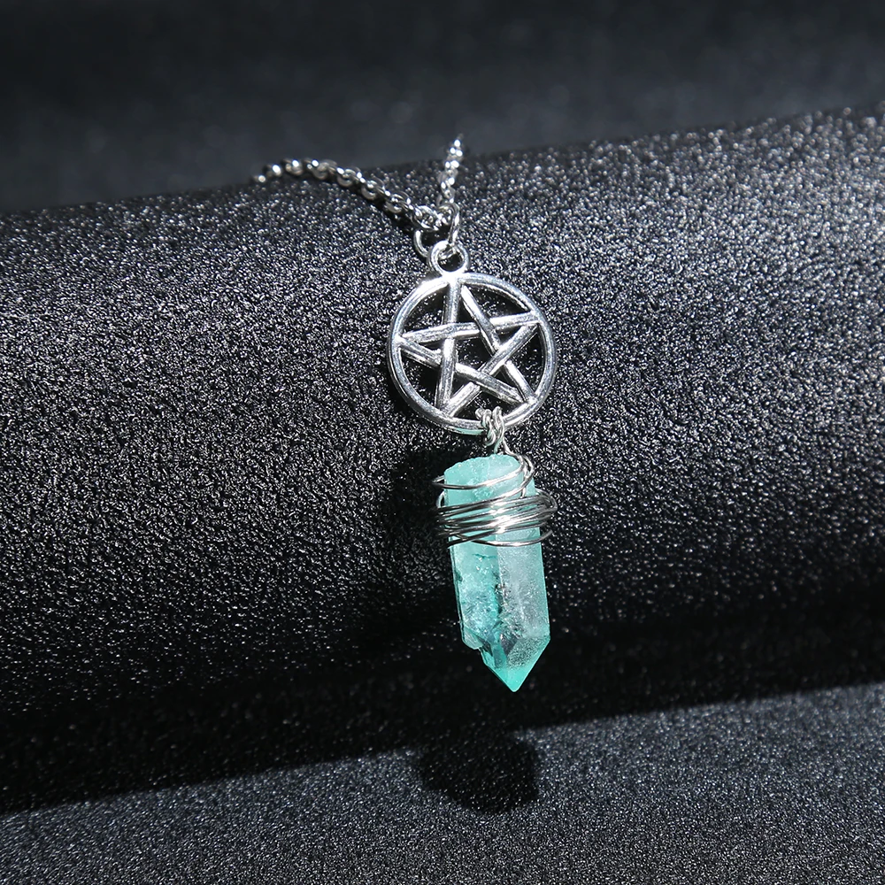 Аура Аквамарин Quartz Wicca Charm подвеска ожерелье грубый камень сырой Кристалл