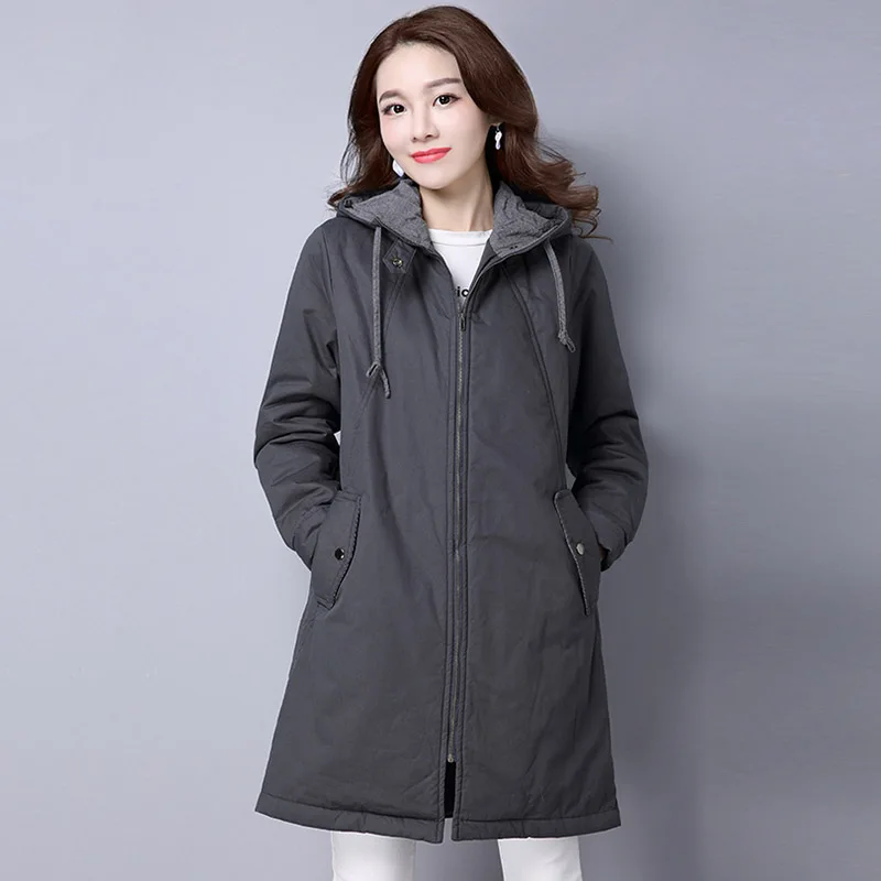 Женская хлопковая куртка в стиле милитари средней длины с капюшоном большие