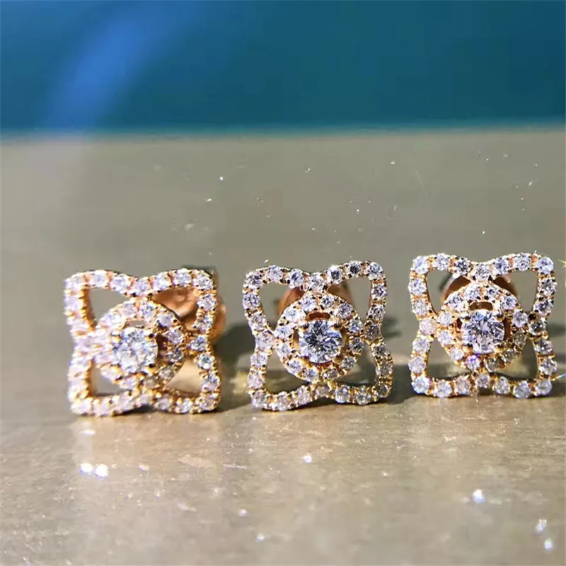 LASAMERO 0.3CTW Round Cut 18K Rose Gold Diamond Flower Pattern hollow Earrings Stud Fine Jewelry Earring Studs | Украшения и