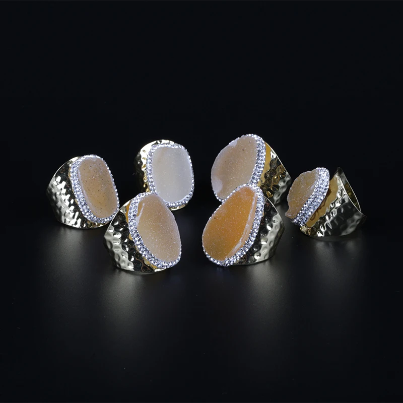 Натуральное шампанское Грубая Druzy Drusy Кристальный камень Золотое кольцо со