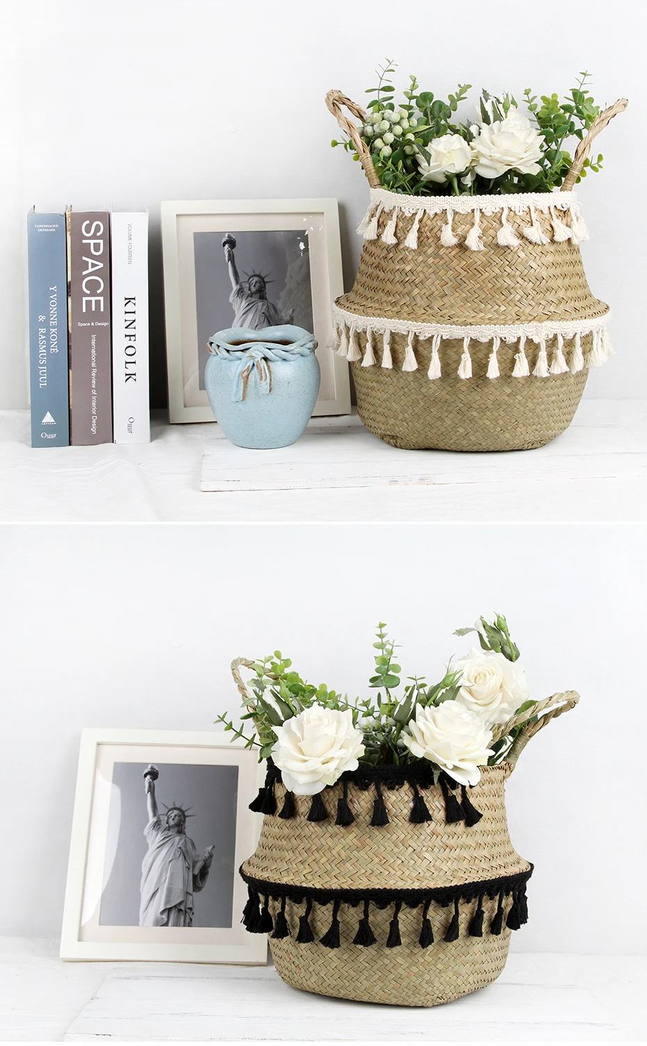 Seagrass Woven Storage Basket Plant Wicker Hanging Baskets Garden Flower Vase Potted Foldable Pot with Handle Storage Basket