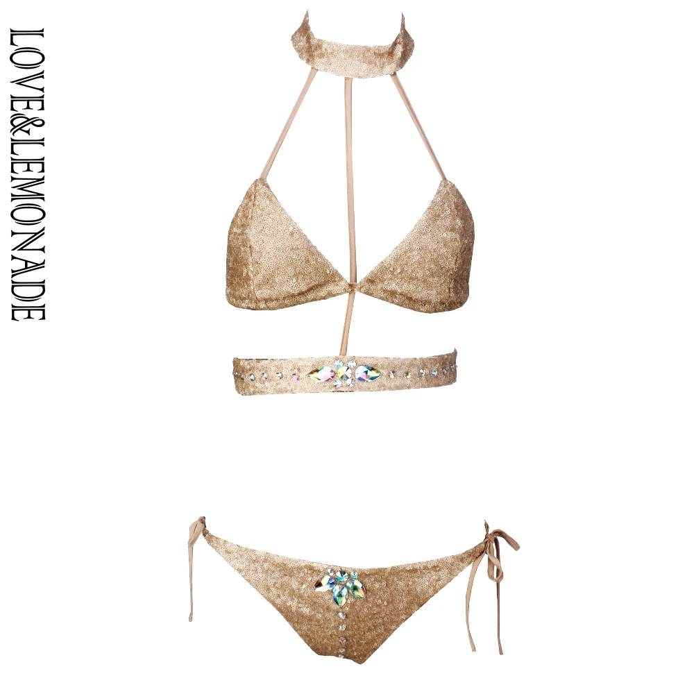 Женский костюм двойка LOVE & LEMONADE золотистый с блестками и вырезами модель LM0059|two-piece