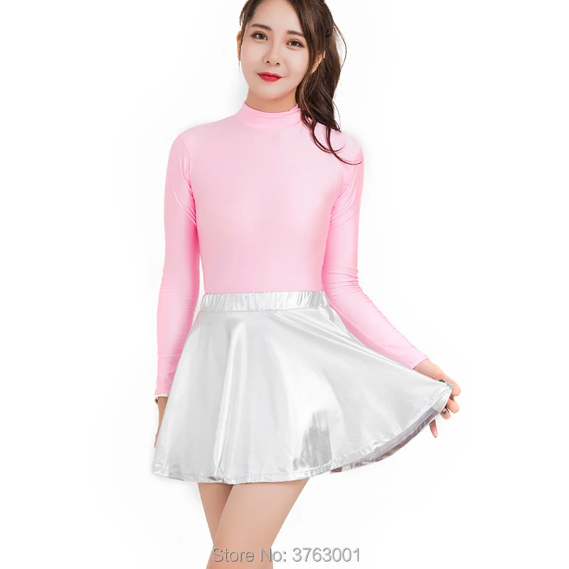 New Women's Disco Shiny Metallic Ballet Mini Skirt Adult Ballroom Dance Figure Skater Dress Flared Pleated Modern Sexy Costumes |