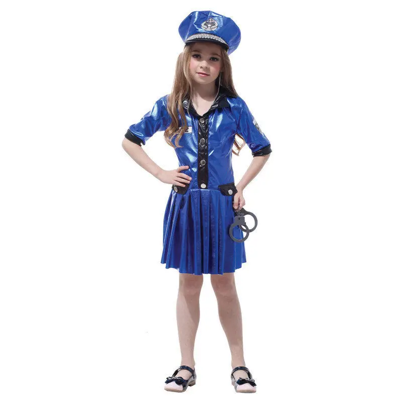 Girls Police Chief Playtime Cop Career Polyester Cosplay Fancy Blue Dress And Hat Halloween Costume For Children Gift Tower |