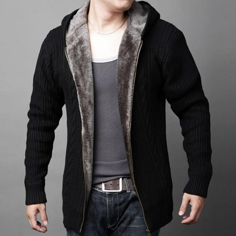 Thick Warm Fleece Lined Knitted Winter Male Cardigan Men Hooded Sweater Coat Black Olive Green Blue