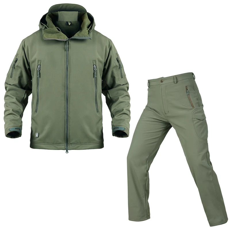 Army Green Set Камуфляжная ветровка зимняя водонепроницаемая флисовая мягкая оболочка мужской комплект теплые толстовки военная куртка армейские тактические штаны Одежда - Цвет: Army Green Set
