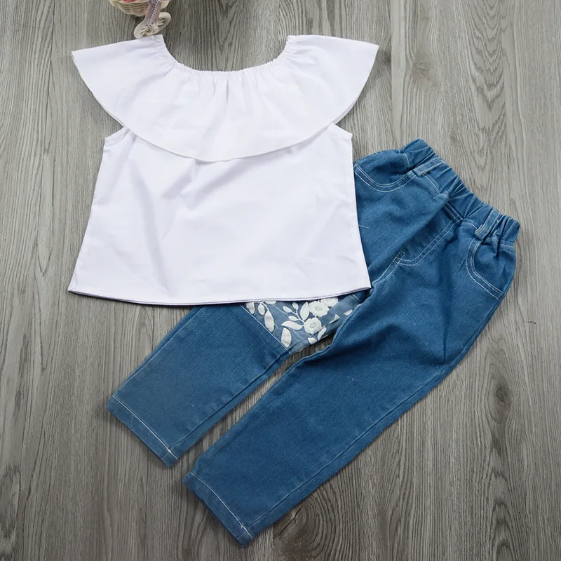 INS/комплекты модной одежды для девочек топ на одно плечо без бретелек + джинсы