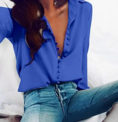 Женская сексуальная однотонная офисная блузка с отложным воротником и длинными