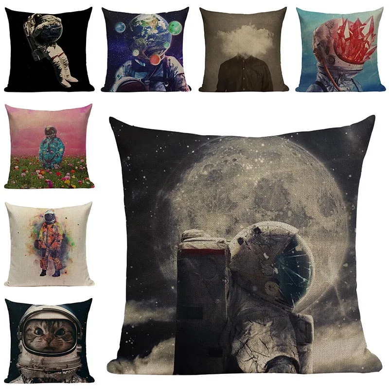 Чехол на подушку с принтом космонавта хлопковые и льняные наволочки диванные