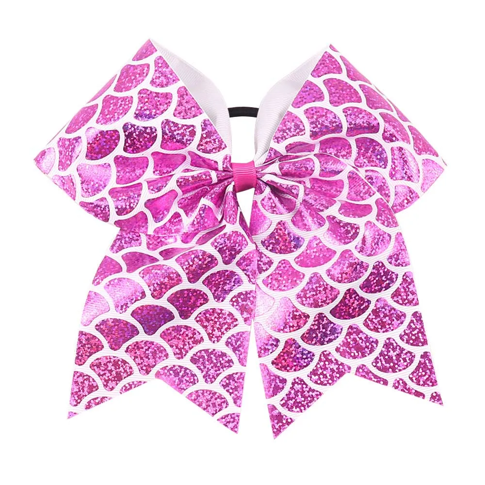 

7'' Scales Printed Cheer Bows For Children Ponytail Holder Elastic Girls Hair Band Laser Party Hair Accessories