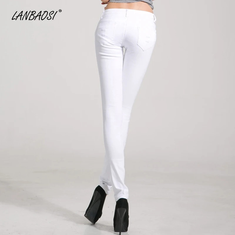Белые рваные джинсы LANBAOSI для женщин повседневные Стрейчевые брюки-карандаш