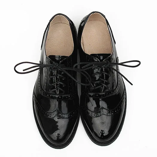 black patent Черные и белые Броги из натуральной кожи на плоской подошве; 11; большие размеры 12-44; японские школьные лакированные винтажные женские туфли-оксфорды на шнуровке - Цвет: black patent