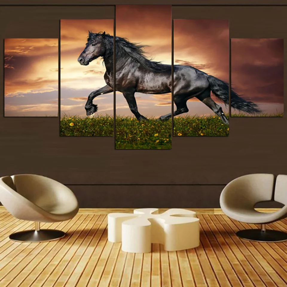 HD Print Modern Home Painting Modular Pictures 5 Panel Running Black Horse Framework Wall Art Poster Decor Living Room Canvas