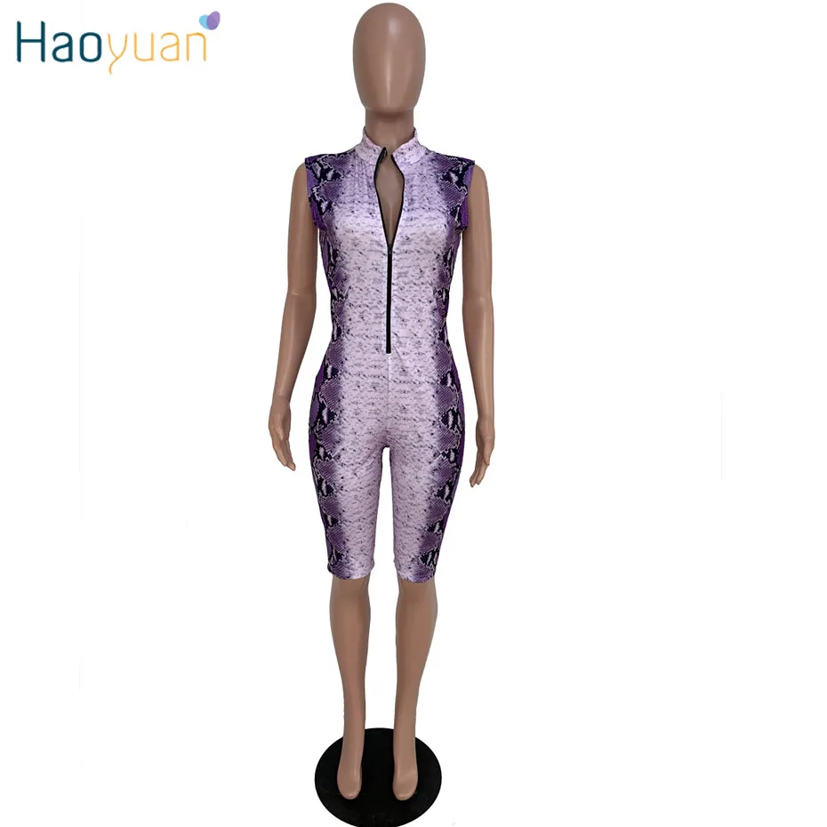 Фиолетовый HAOYUAN змеиной кожи пикантные Playsuit Повседневное Одна деталь обтягивающие шорты женские комбинезон уличная змеиной Вечерние боди - Цвет: Фиолетовый