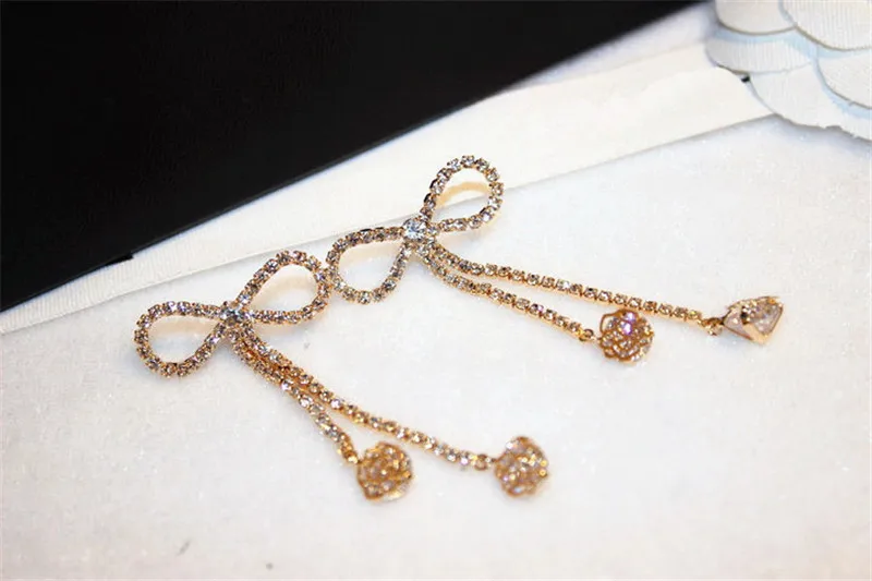 Женские Простые Роскошные Длинные серьги с бантиком и кристаллами элегантные