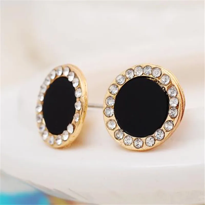 Женские серьги пусеты brinco e0415 круглые с черными кристаллами|crystal stud earrings|fashion