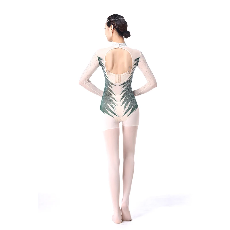 

Fitness Dance Tops Female Ballet Yoga Gymnastic Practice Clothes Long-sleeved with Fake Diamond Decorated One-piece Mesh Tops