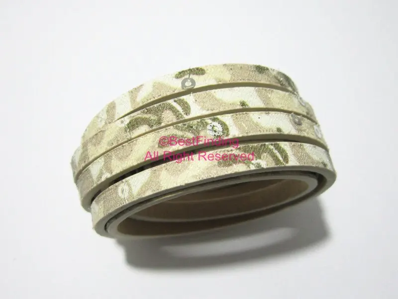 

5x2mm flat leather cord Vein cover Beige with Glitter rings S5018