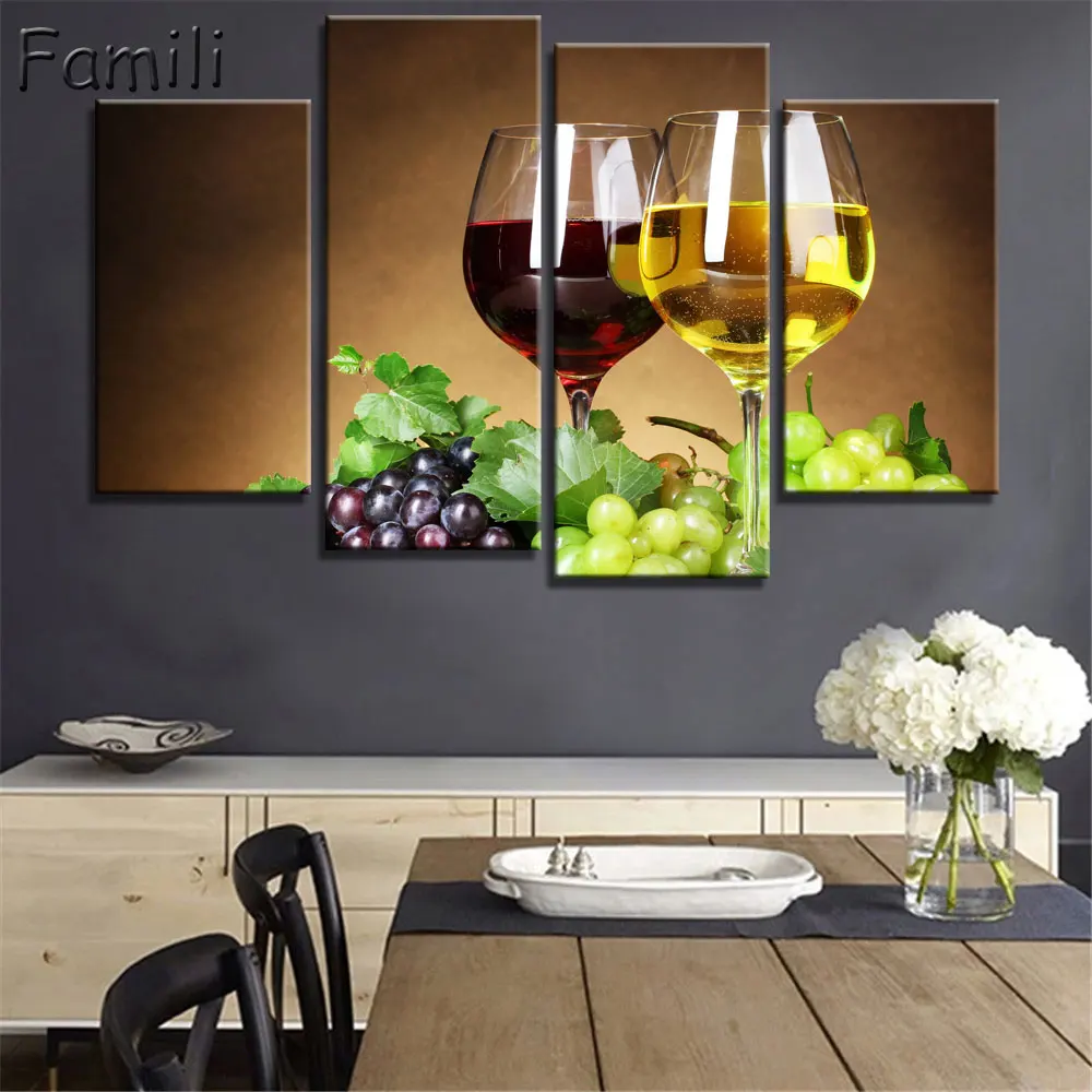 

Modular Picture Artwork 4 Pieces Wine Grape Dessert Framed Painting Canvas Wall Art Modern Kitchen Restaurant Decoration