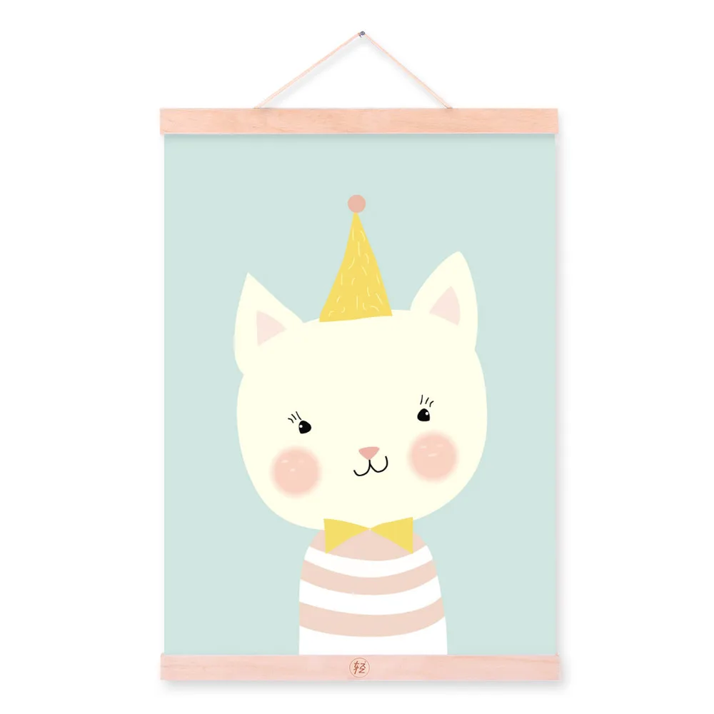 Kawaii, Мультяшные животные, олень, медведь, собака, деревянная рамка, холст, живопись, скандинавские, для детской комнаты, настенные художественные плакаты, домашний декор, картина, Свиток