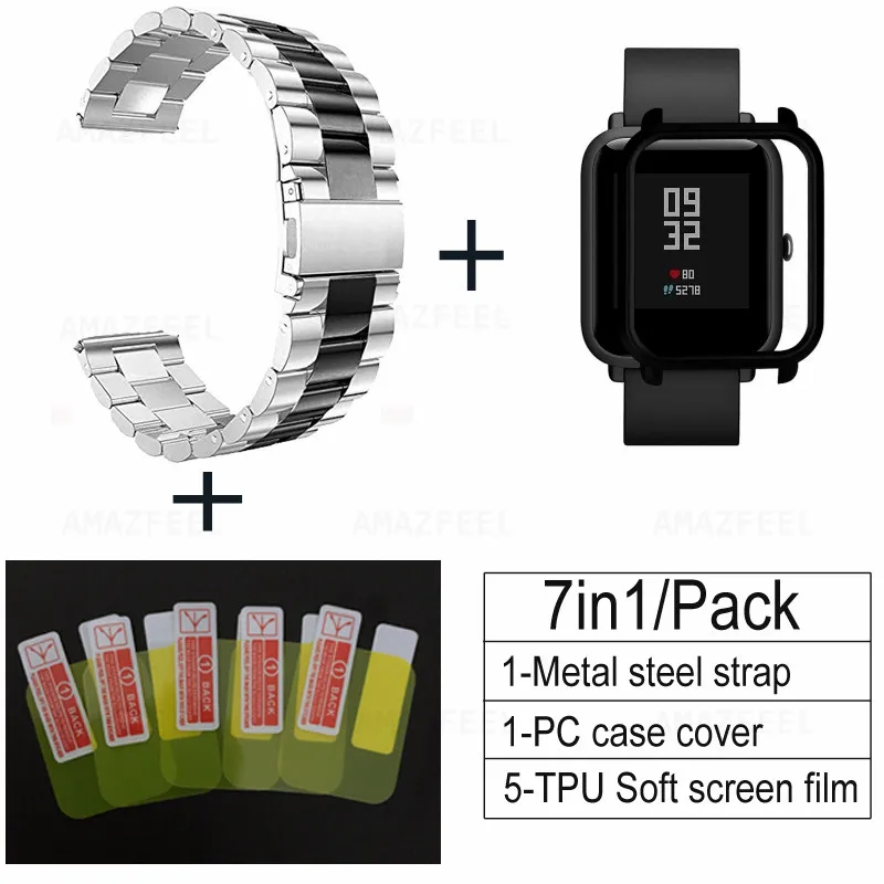 silver black-black 7 шт./упак. ремешок для часов из нержавеющей стали для Xiaomi Huami amazfit bip Youth Metal replacment наручный защитный ремень Чехол+ пленка для экрана - Color: silver black-black