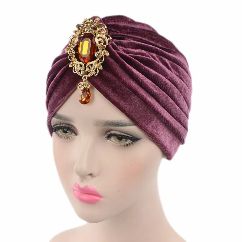 New gorgeous soft Velvet turban velour Hair cover headwrap Hijab Hat with gold color jewelry pendant #YS323 | Тематическая одежда