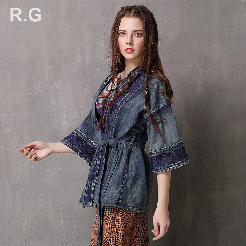 

Bohe Style Denim Jacket Coat Blue Color Vintage Embroidery Cotton Jeans Jacket Women jaqueta feminina with Sashes Autumn 2018