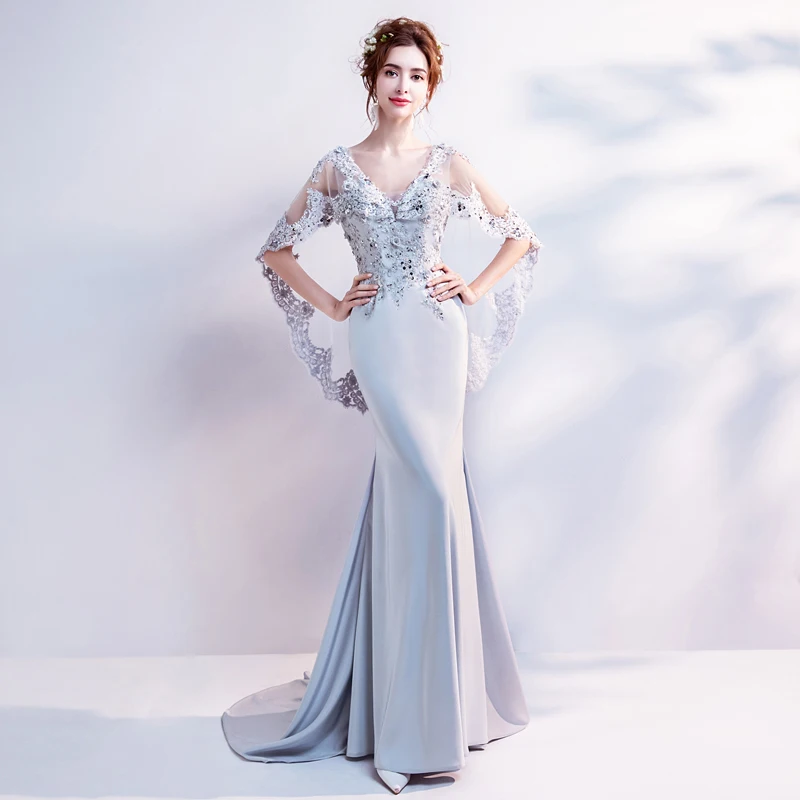 Горячая Распродажа модное кружевное длинное вечернее платье с v-образным вырезом