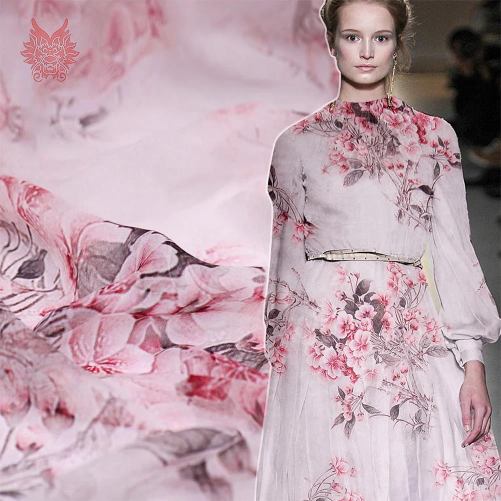 Винтажный стиль розовый цветочный принт 100% натуральный шелк жоржет ткань одежда