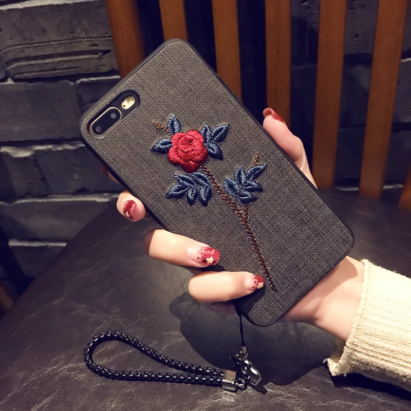Бесплатная доставка чехол для телефона с вышитыми 3D розами iPhone 7 8 6 6S Plus тканевый