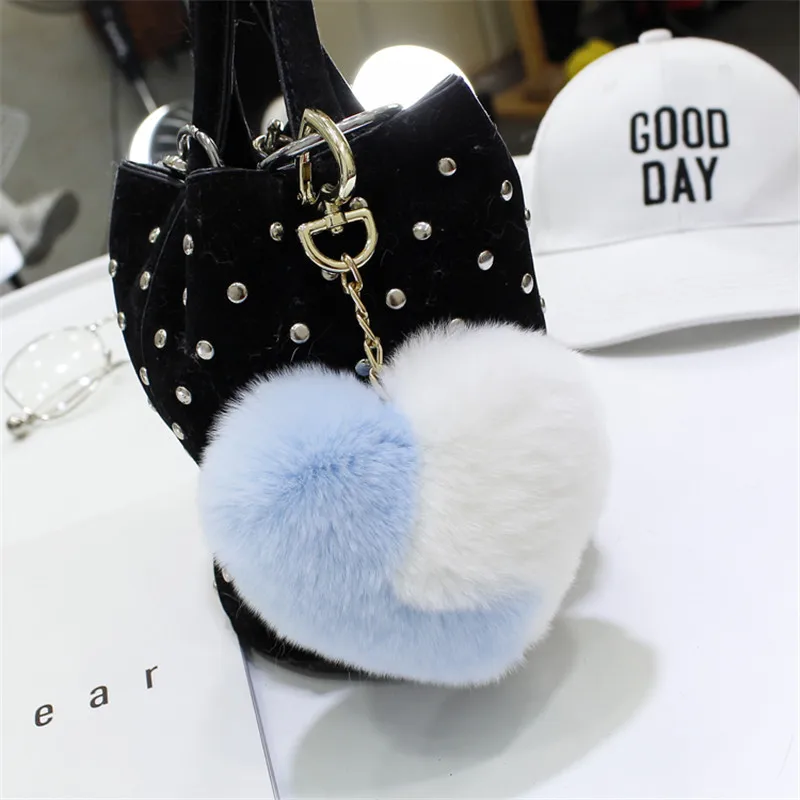 Women's Fashion Cute Fluffy Heart Keychains Pom Poms Rex Rabbit Fur Key Chains Girl Bag Hang Car Ring Jewelry Accessories | Украшения и